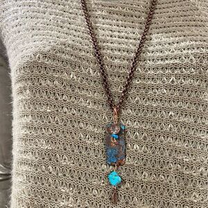 Boho Chic Long Copper Charming Patina  Turquoise Pendant Necklace 30” NEW